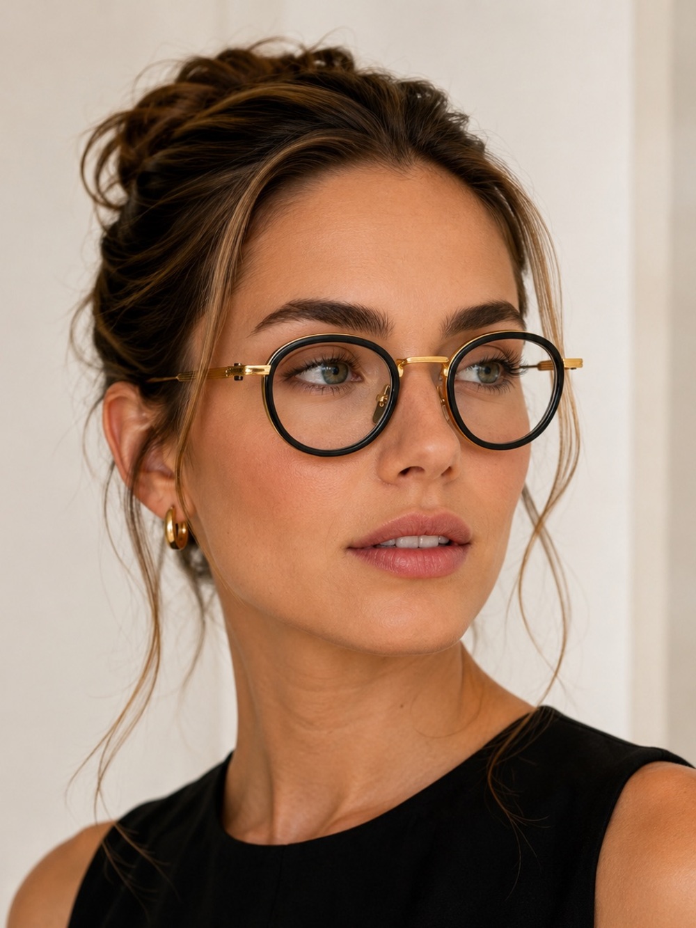 Akoni Agile Round Eyeglasses Yellow Gold Black Crystal Titanium